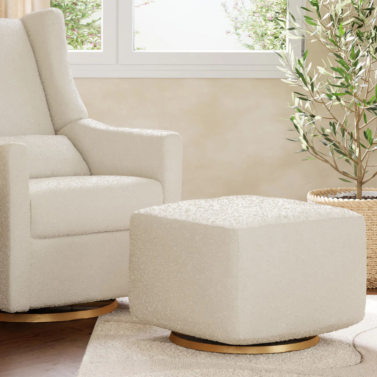 Pre-Order Kiwi Gliding Ottoman in Ivory Boucle & golden base