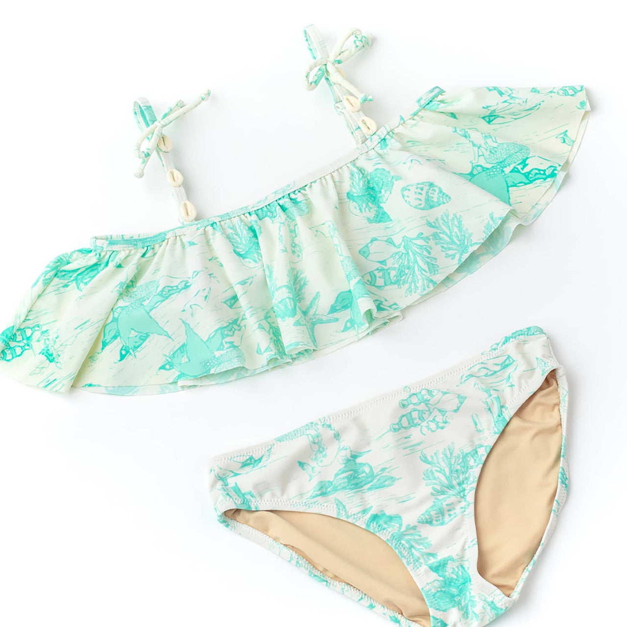 Mermaid Toile Shell Trimmed Ruffle Off the Shoulder Bikini