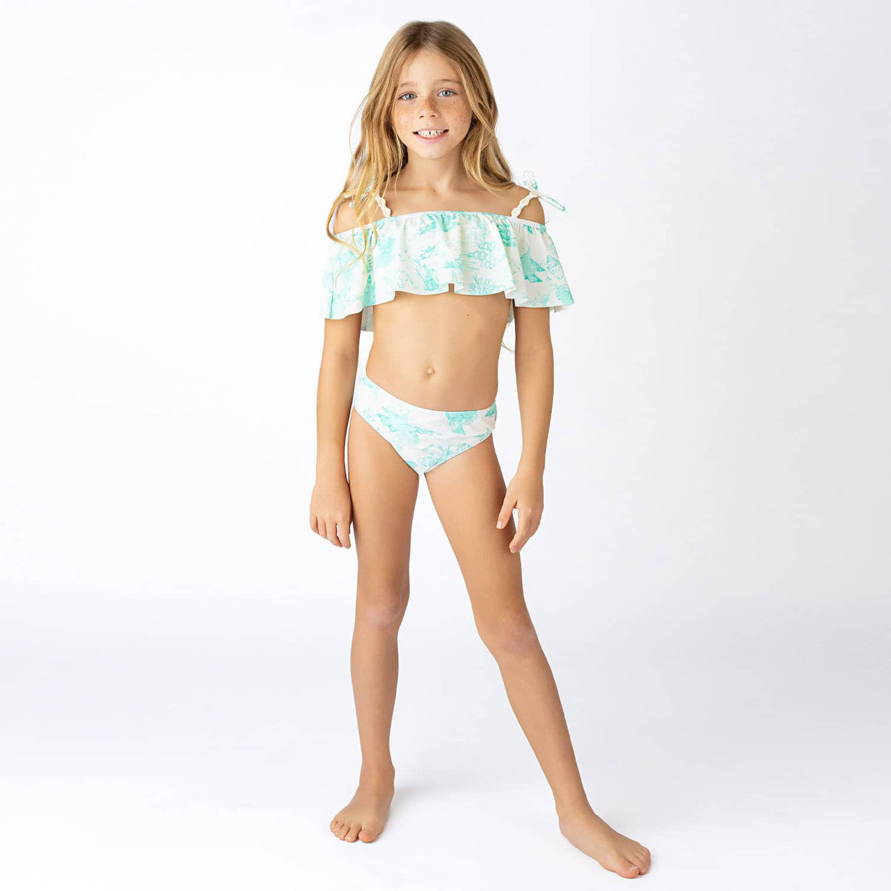 Mermaid Toile Shell Trimmed Ruffle Off the Shoulder Bikini