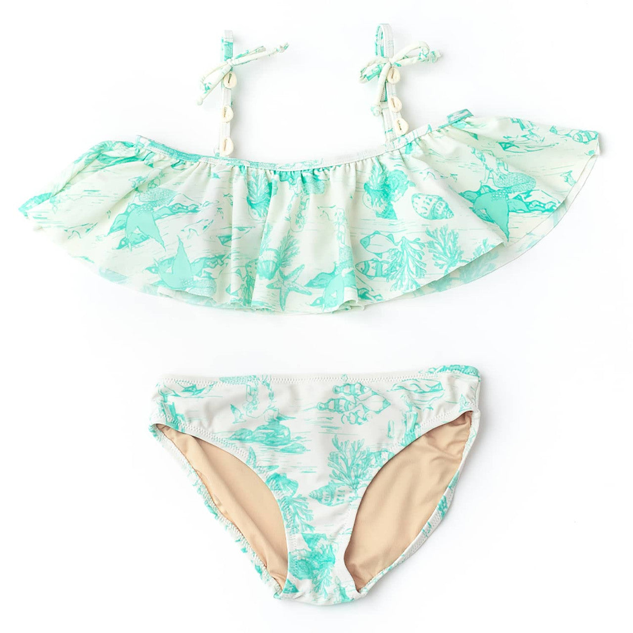 Mermaid Toile Shell Trimmed Ruffle Off the Shoulder Bikini