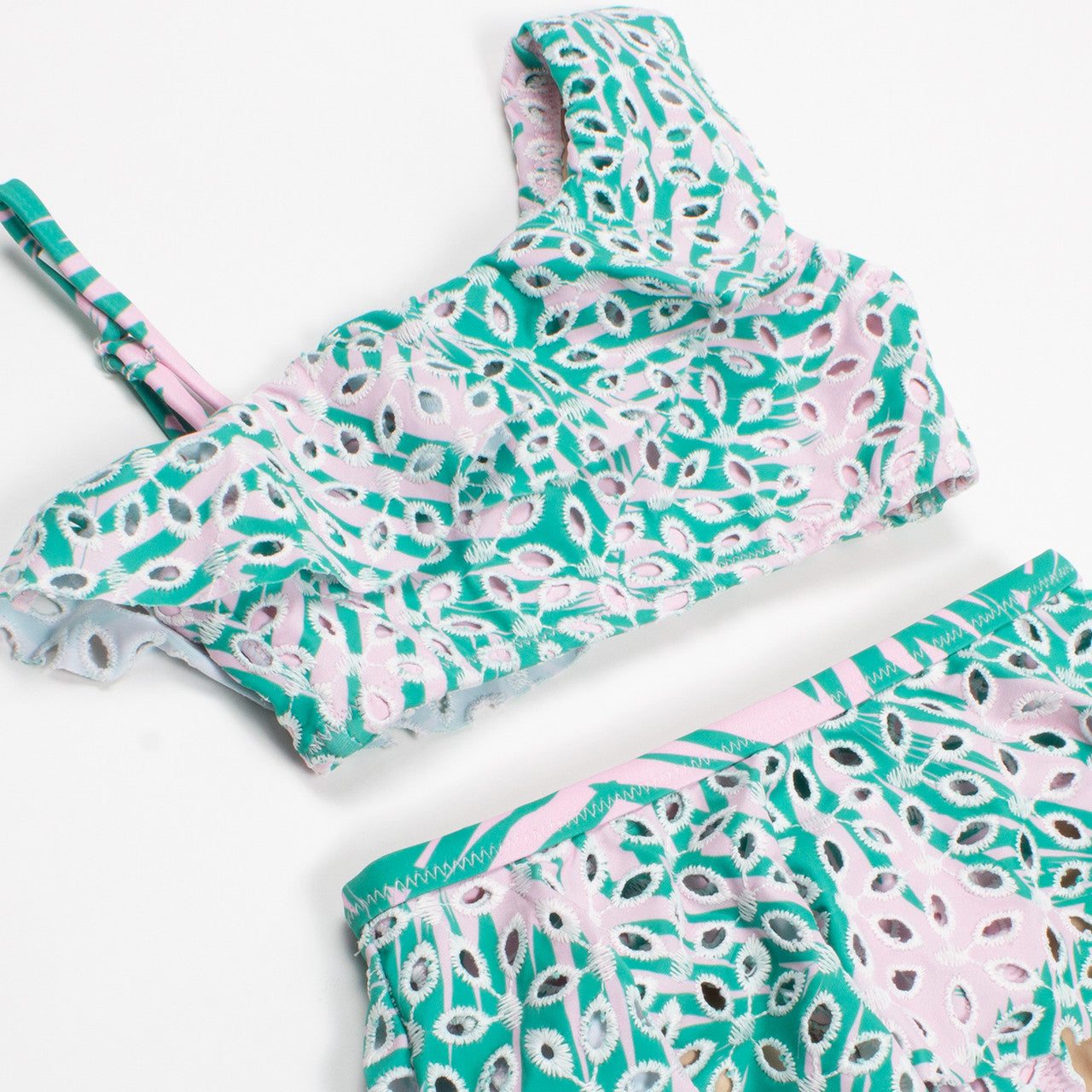 One Shoulder Retro Ruffle Botanical Eylet Bikini