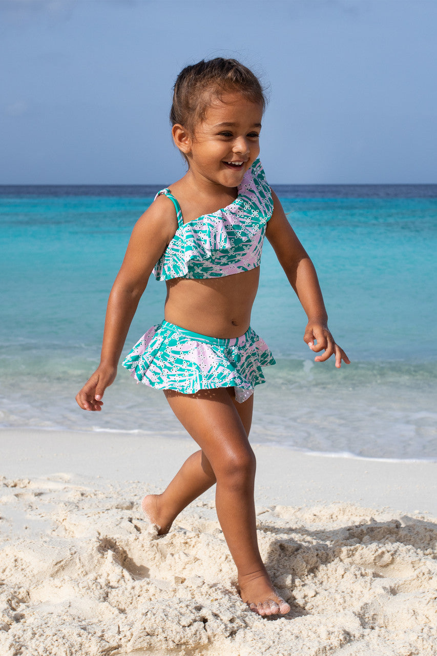 One Shoulder Retro Ruffle Botanical Eylet Bikini