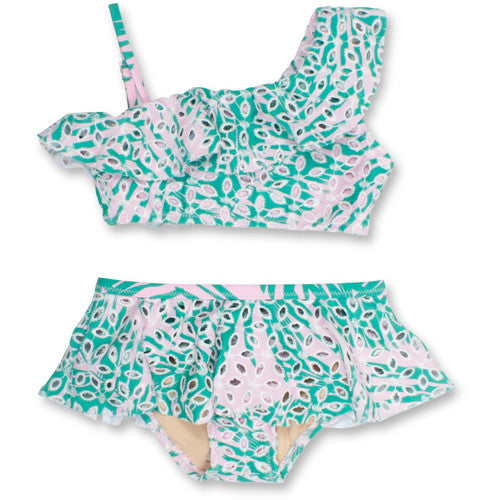 One Shoulder Retro Ruffle Botanical Eylet Bikini