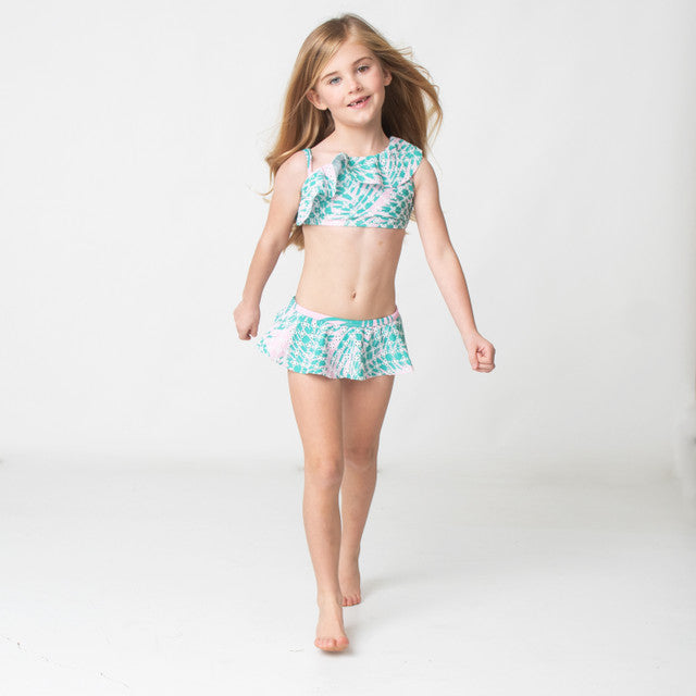 One Shoulder Retro Ruffle Botanical Eylet Bikini