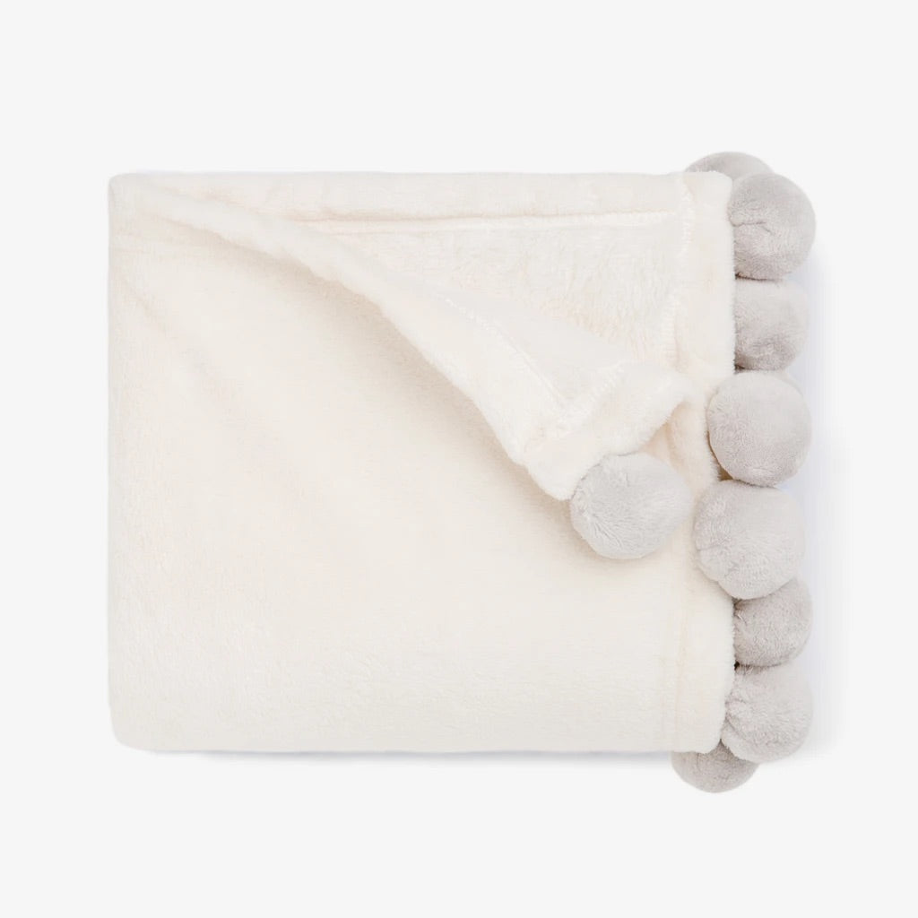 Grey Pom Trim Fleece Baby Stroller Blanket