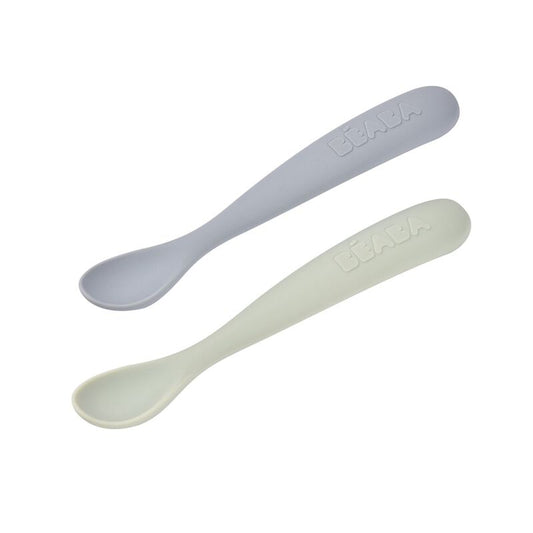 1st stage 2 silicone spoon set + carry box - Pebble / Green of grey