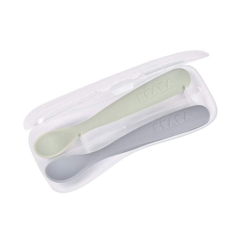 1st stage 2 silicone spoon set + carry box - Pebble / Green of grey
