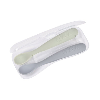1st stage 2 silicone spoon set + carry box - Pebble / Green of grey