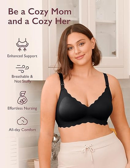 Seamless Support Floral Nursing Bra with Jelly Strip - Black