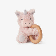Load image into Gallery viewer, Plush Unicorn Wooden Ring Rattle
