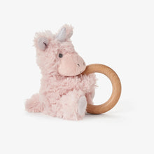 Load image into Gallery viewer, Plush Unicorn Wooden Ring Rattle
