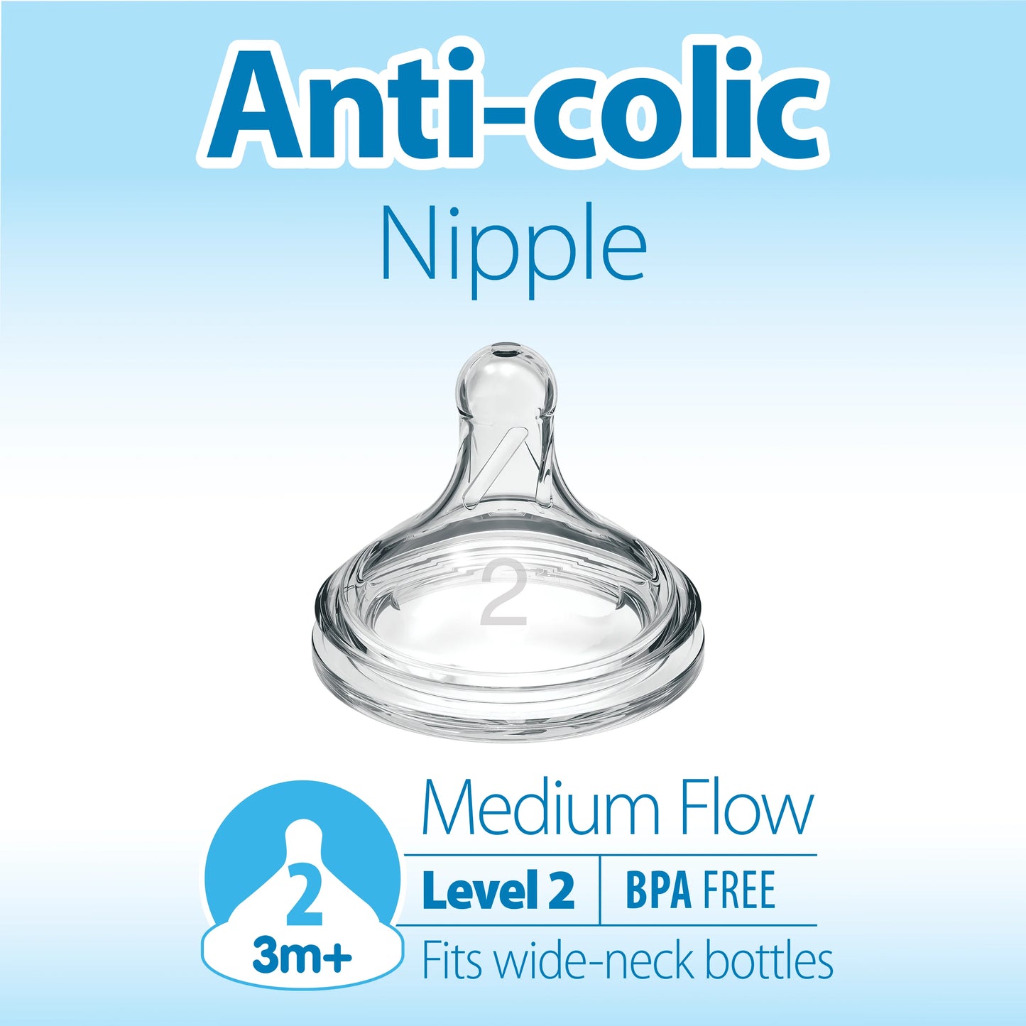 Level 2 - Wide Neck Nipple - 3m+ (2 Pack)