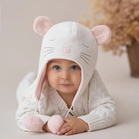 Whisper White Mouse Aviator Knit Baby Hat