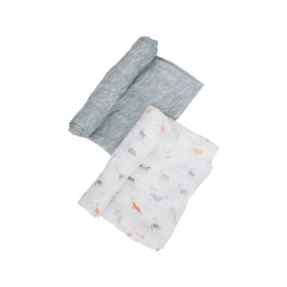 Muslin Swaddle Blanket Set - Oh So Soft Animal Alphabet + Grey Crayon