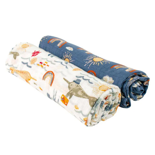 Muslin Swaddle Blanket Set Premium Cotton - Narwhal + Hello Sunshine