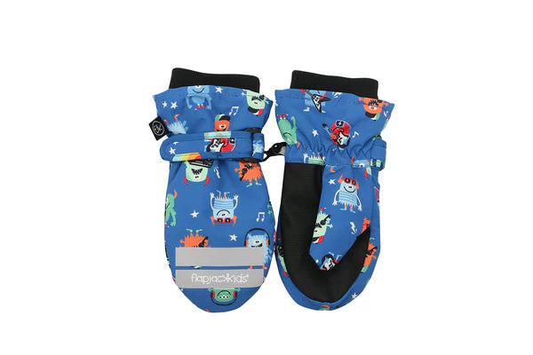 Kids Water Repellent Ski Mittens - Monsters - Blue (6m-2y)