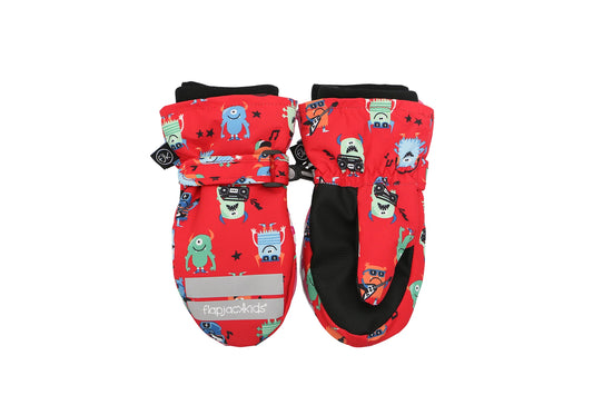 Kids Water Repellent Ski Mittens - Monsters - Red (6m-2y)