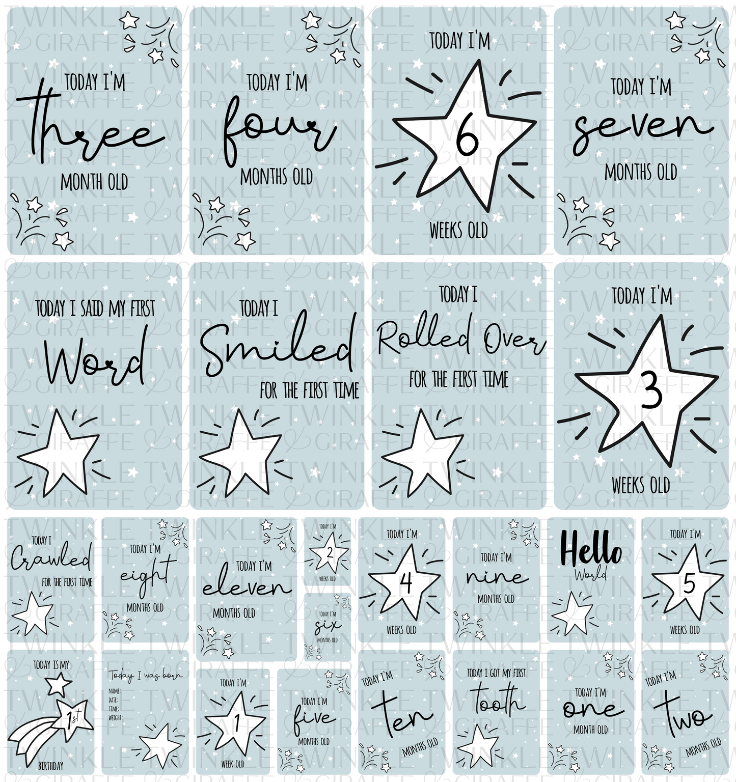 Blue Twinkle Stars Milestone Cards Set - Set of 25