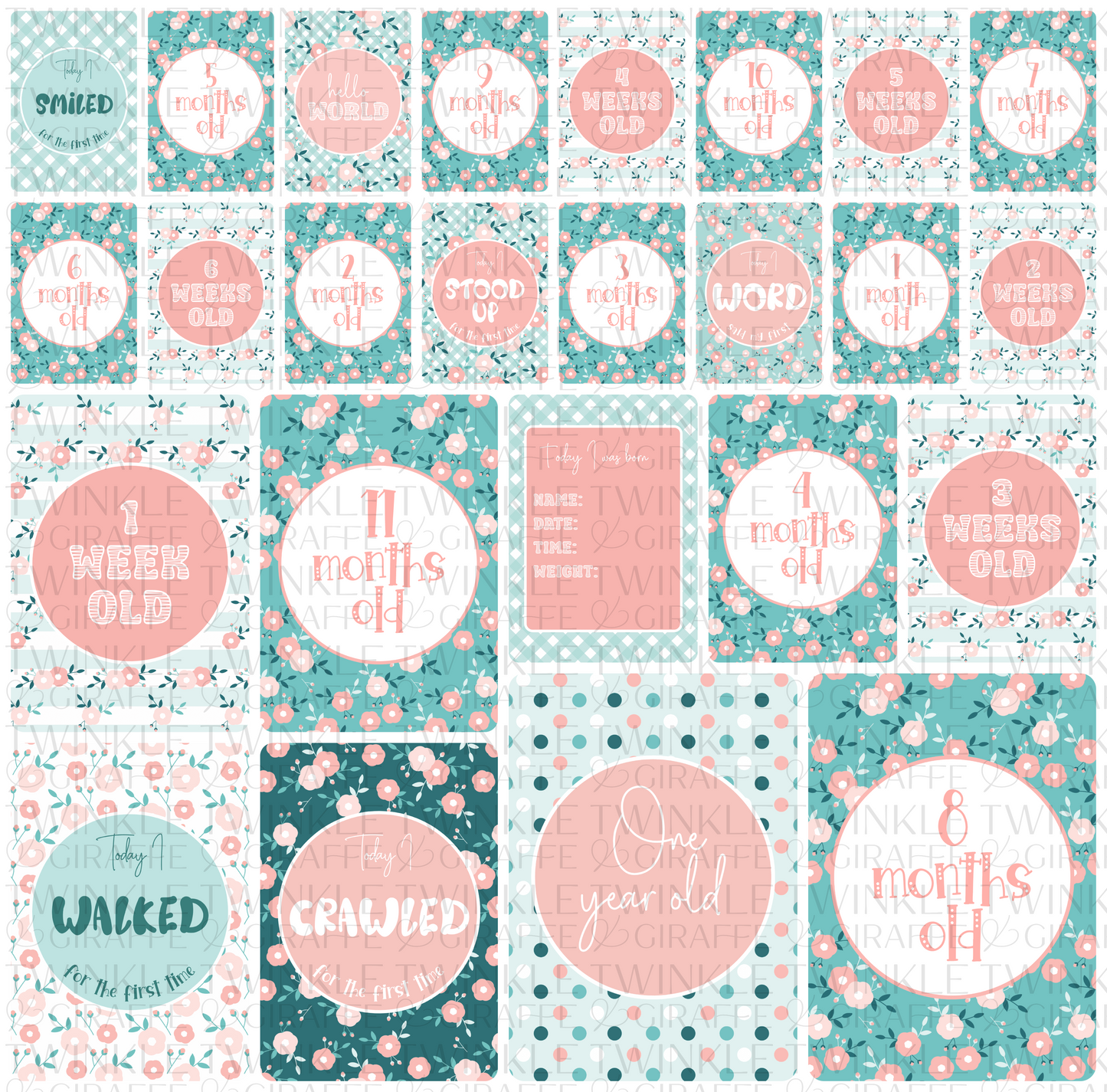 Pastel Flowers Baby Milestone Cards - Set of 25