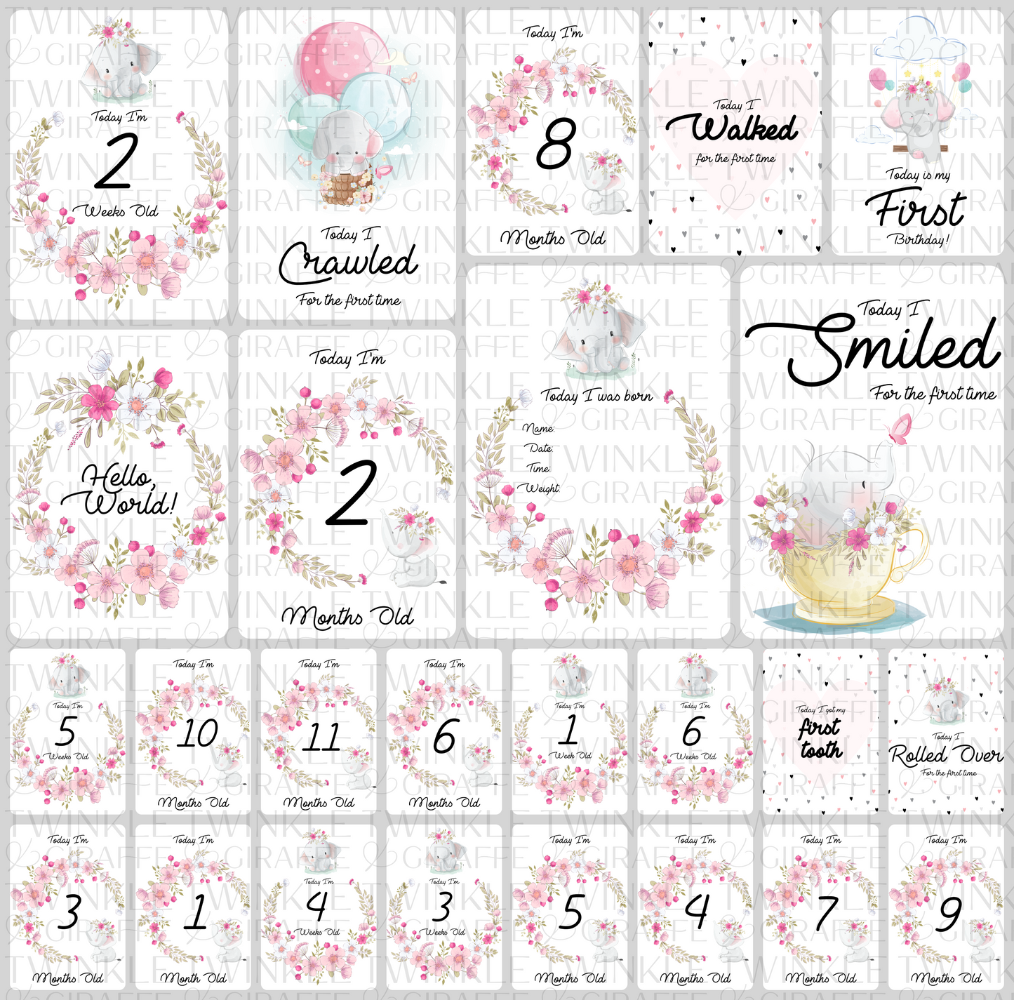 Twinkle Elephant Baby Milestone Cards - Set of 25