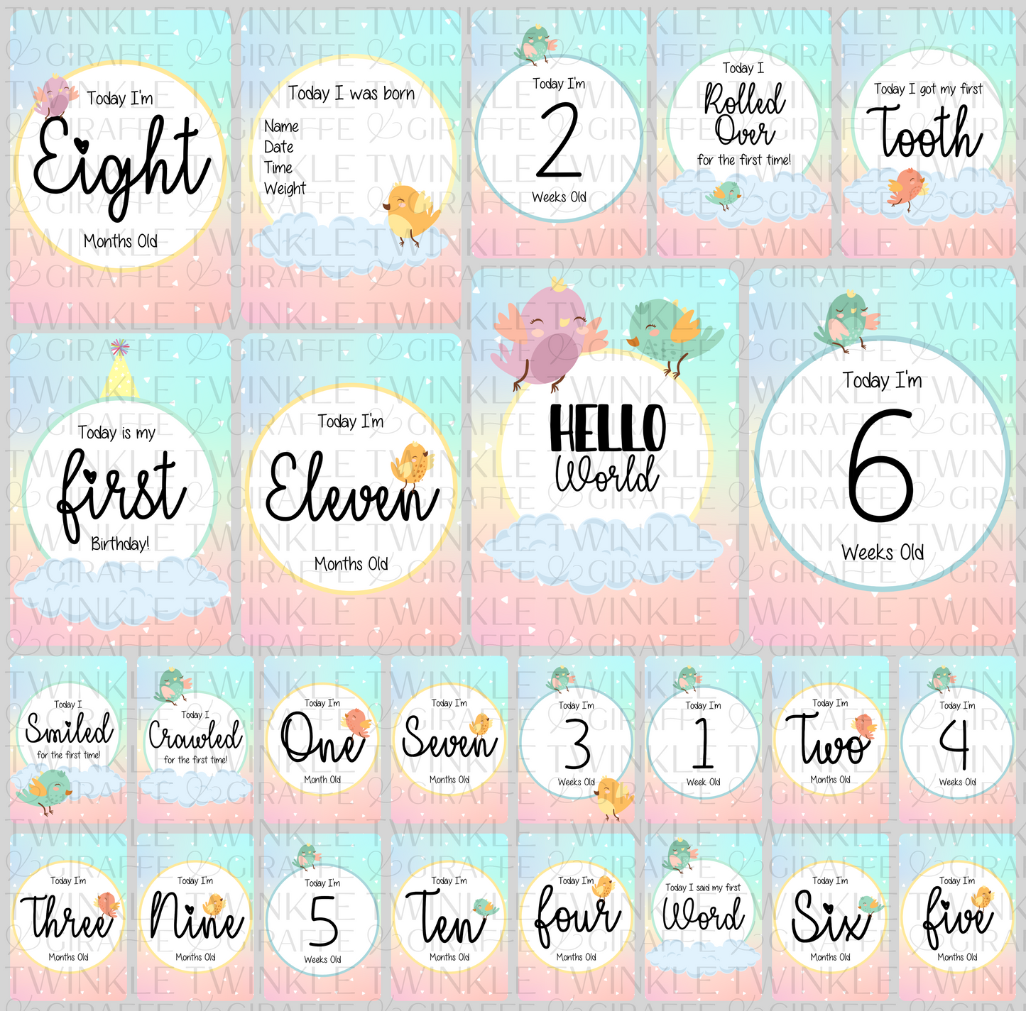 Twinkle Birds Baby Milestone Cards - Set of 25