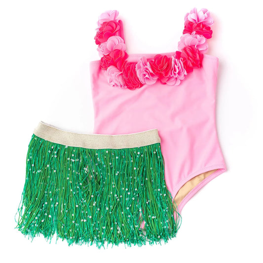 Light Pink Hula Girl Swimsuit + Seagrass Fringe Skirt