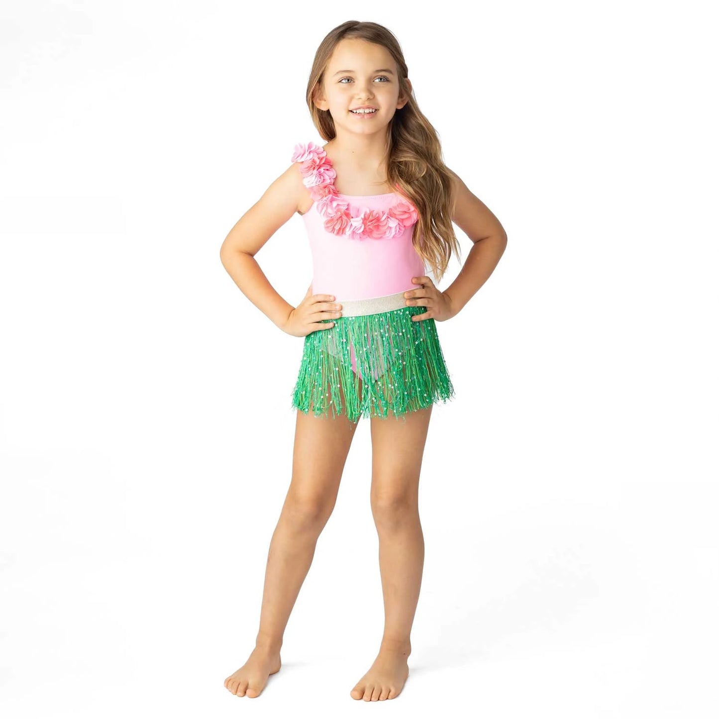 Light Pink Hula Girl Swimsuit + Seagrass Fringe Skirt