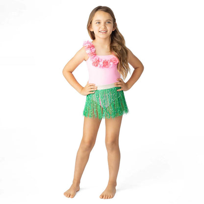 Light Pink Hula Girl Swimsuit + Seagrass Fringe Skirt