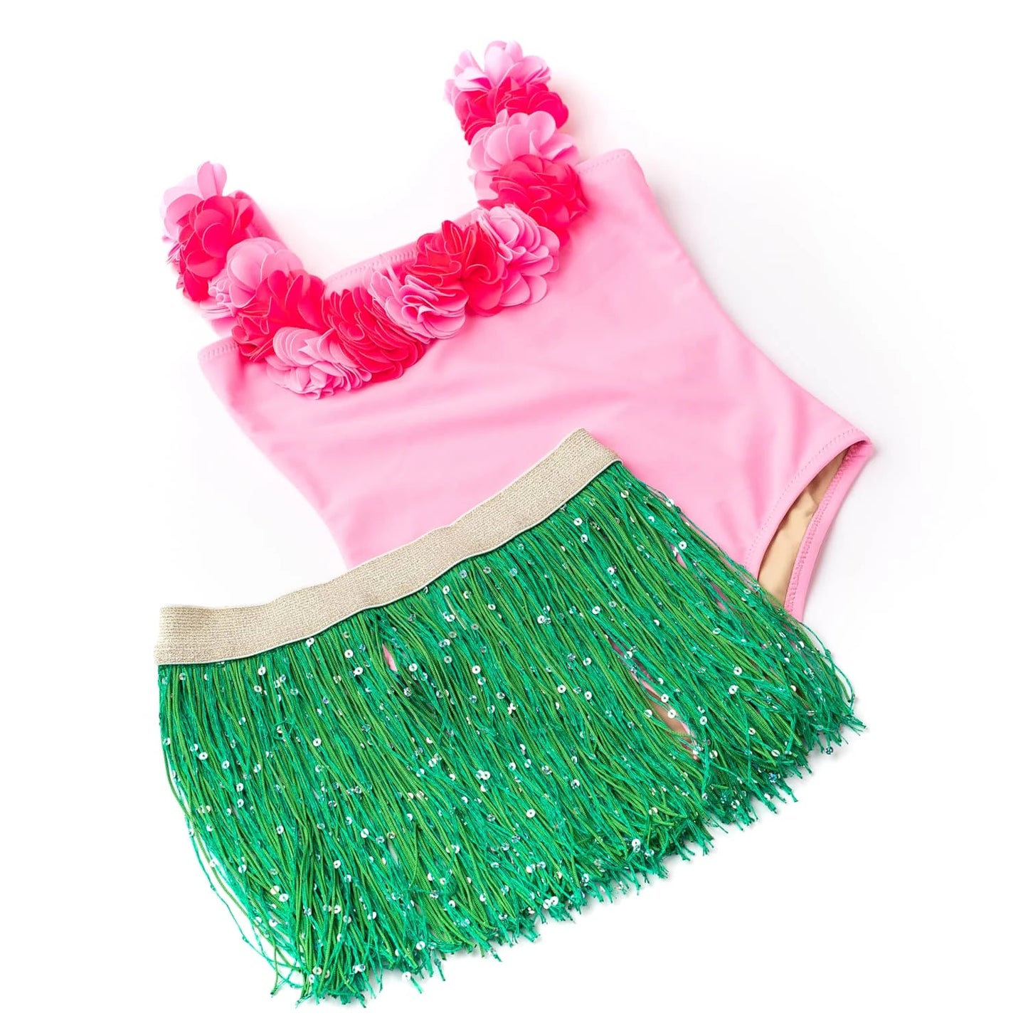 Light Pink Hula Girl Swimsuit + Seagrass Fringe Skirt