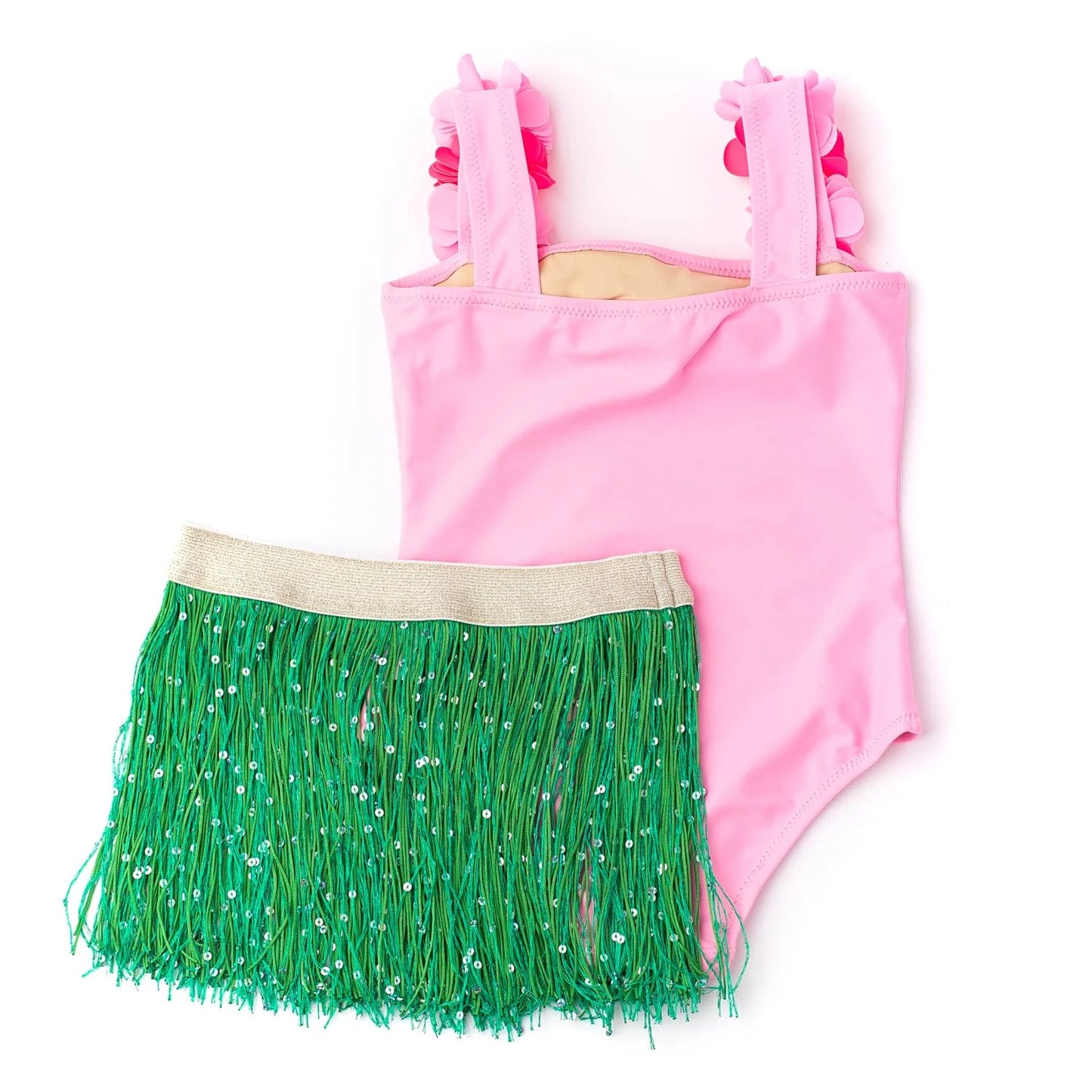 Light Pink Hula Girl Swimsuit + Seagrass Fringe Skirt