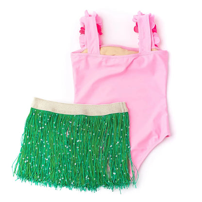Light Pink Hula Girl Swimsuit + Seagrass Fringe Skirt
