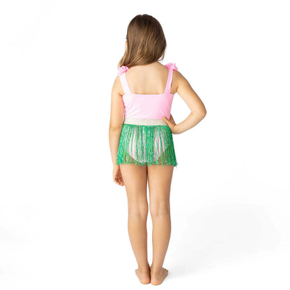 Light Pink Hula Girl Swimsuit + Seagrass Fringe Skirt