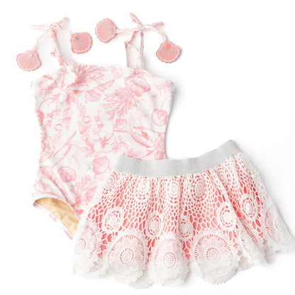 Seaside Toile Girls One Piece & Skirt Swimsuit Set