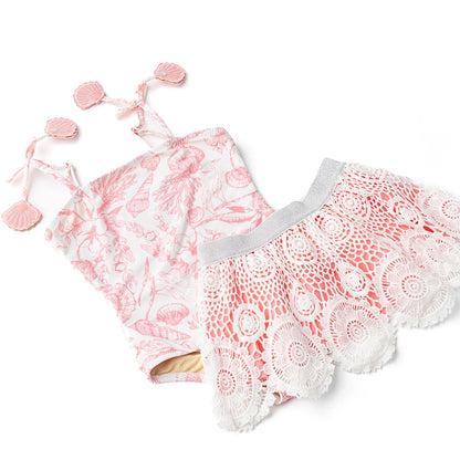 Seaside Toile Girls One Piece & Skirt Swimsuit Set