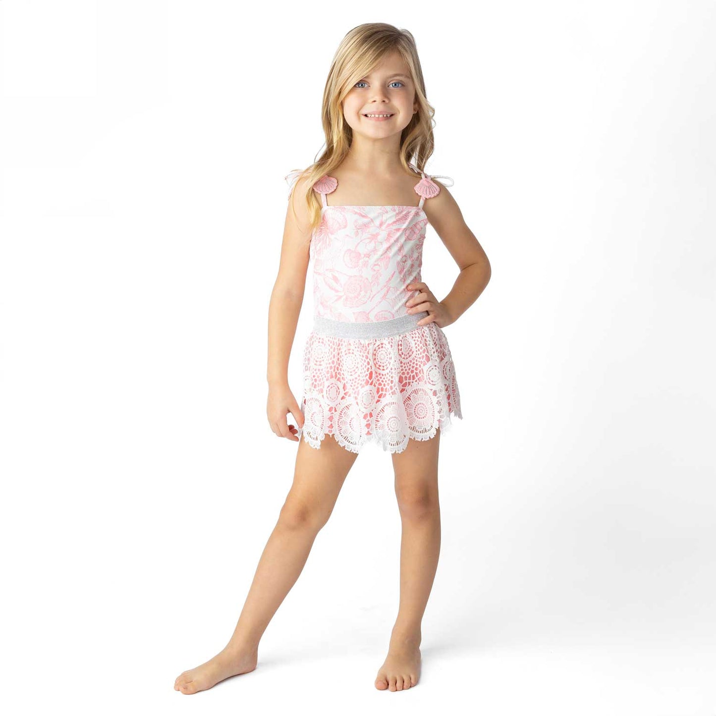 Seaside Toile Girls One Piece & Skirt Swimsuit Set