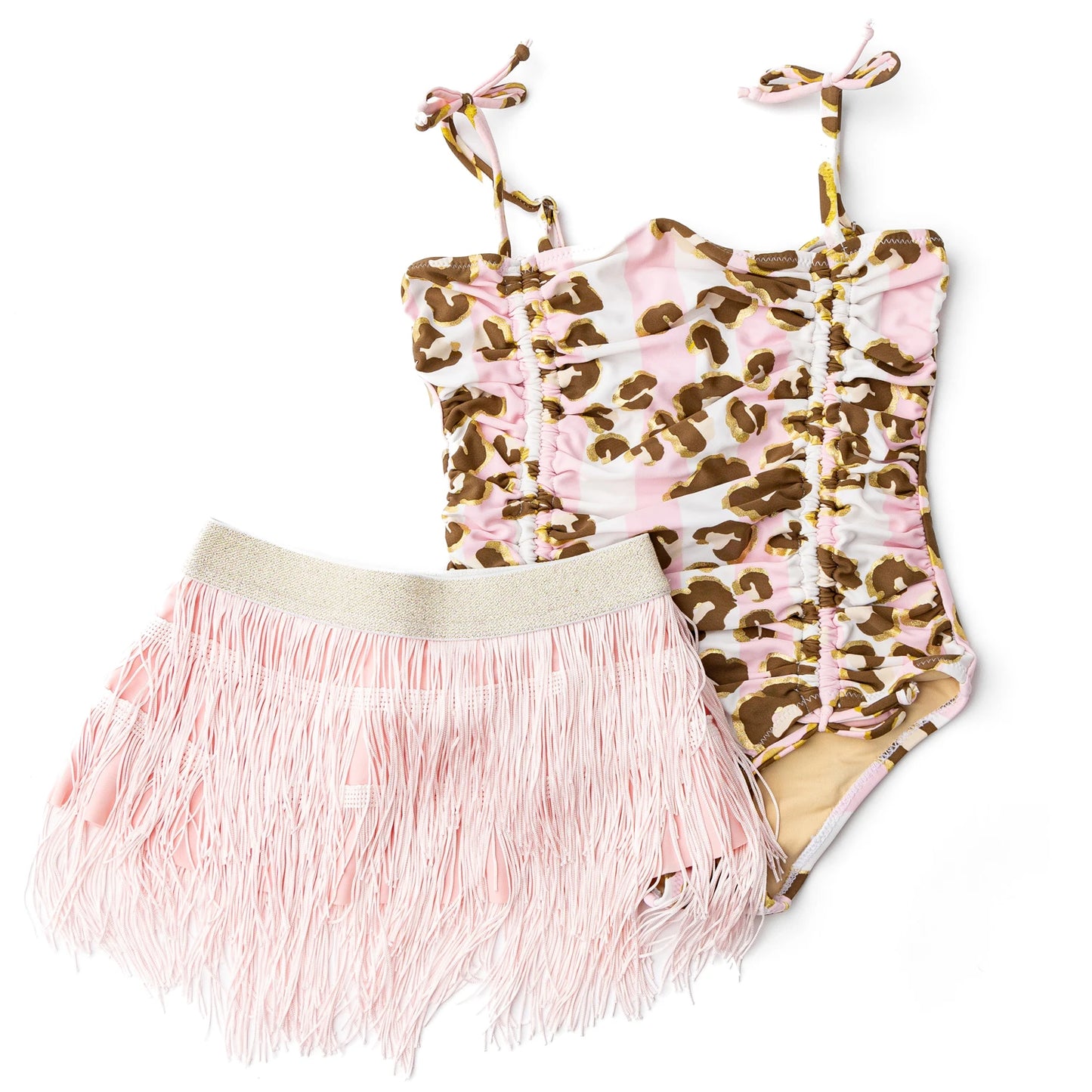Metallic Leopard Girls One Piece & Fringe Skirt Swim Set