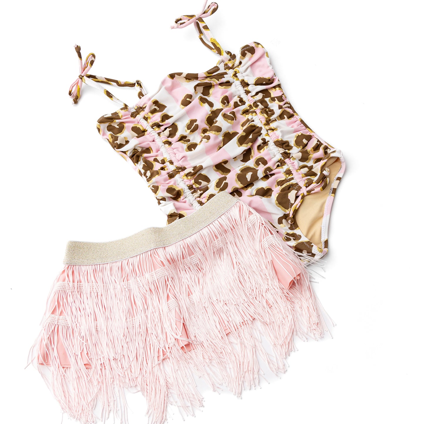 Metallic Leopard Girls One Piece & Fringe Skirt Swim Set