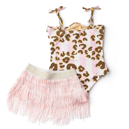 Metallic Leopard Girls One Piece & Fringe Skirt Swim Set
