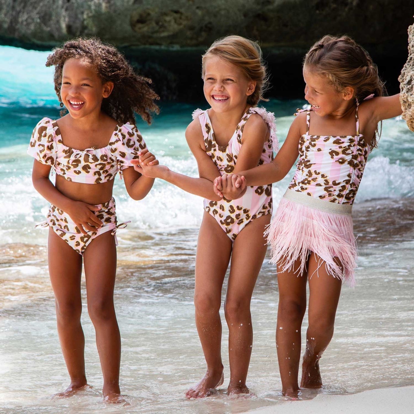 Metallic Leopard Girls One Piece & Fringe Skirt Swim Set