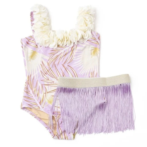 Purple Metallic Girls Hula Girl One Piece & Fringe Skirt Swim Set