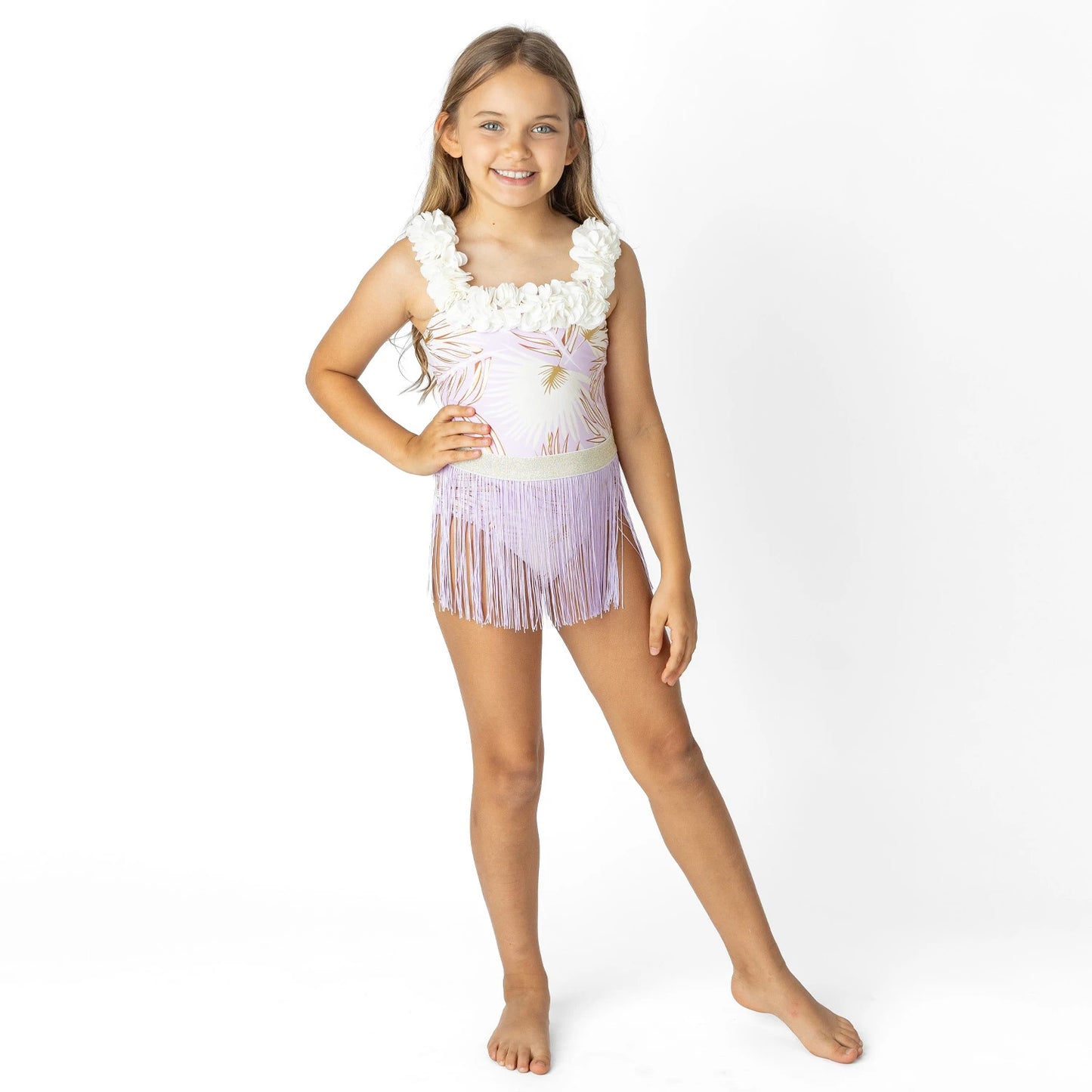 Purple Metallic Girls Hula Girl One Piece & Fringe Skirt Swim Set