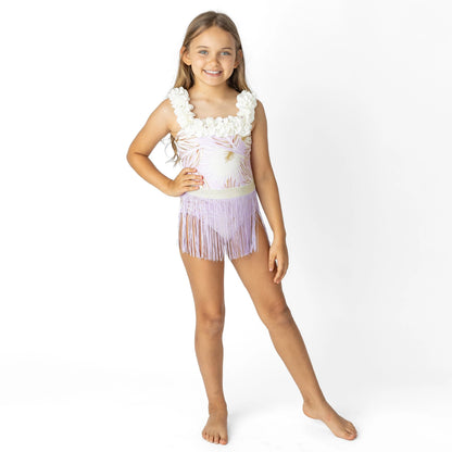 Purple Metallic Girls Hula Girl One Piece & Fringe Skirt Swim Set