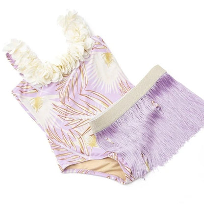 Purple Metallic Girls Hula Girl One Piece & Fringe Skirt Swim Set