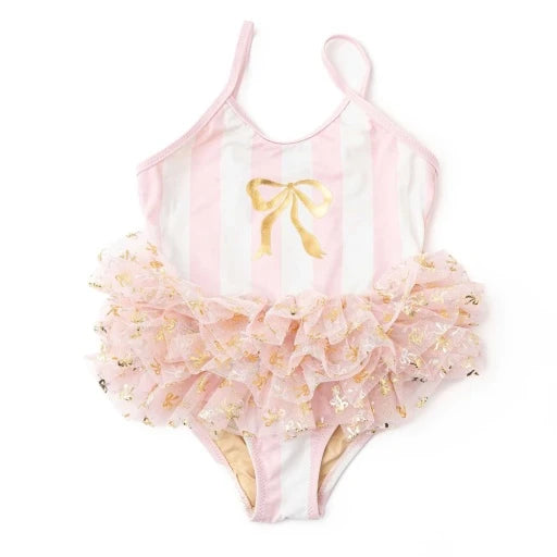 Blush Bow Stripe Girls Skirted One Piece
