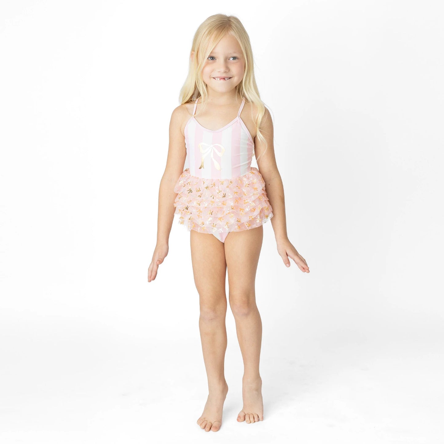 Blush Bow Stripe Girls Skirted One Piece