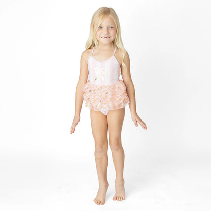 Blush Bow Stripe Girls Skirted One Piece