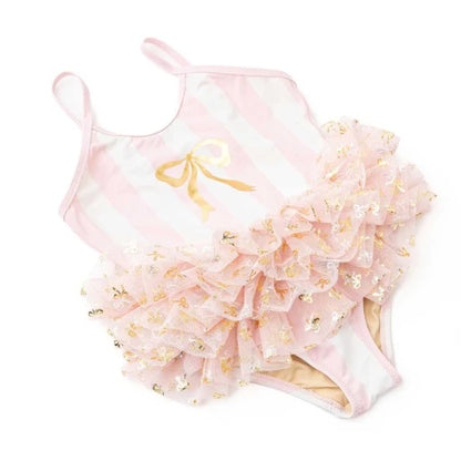 Blush Bow Stripe Girls Skirted One Piece