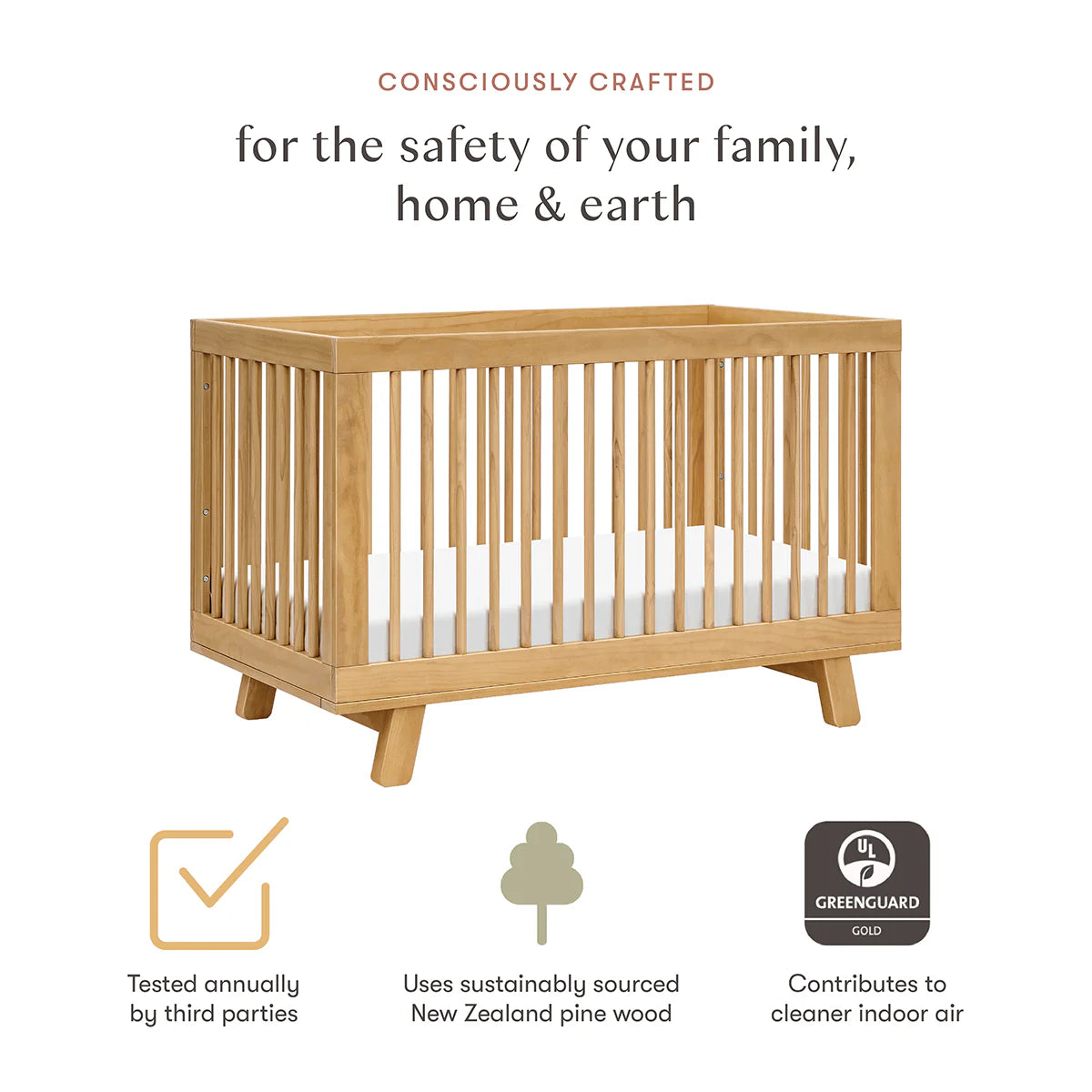 Hudson 3-in-1 Convertible Crib - Honey Finish