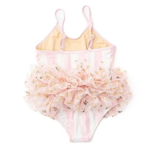 Blush Bow Stripe Girls Skirted One Piece