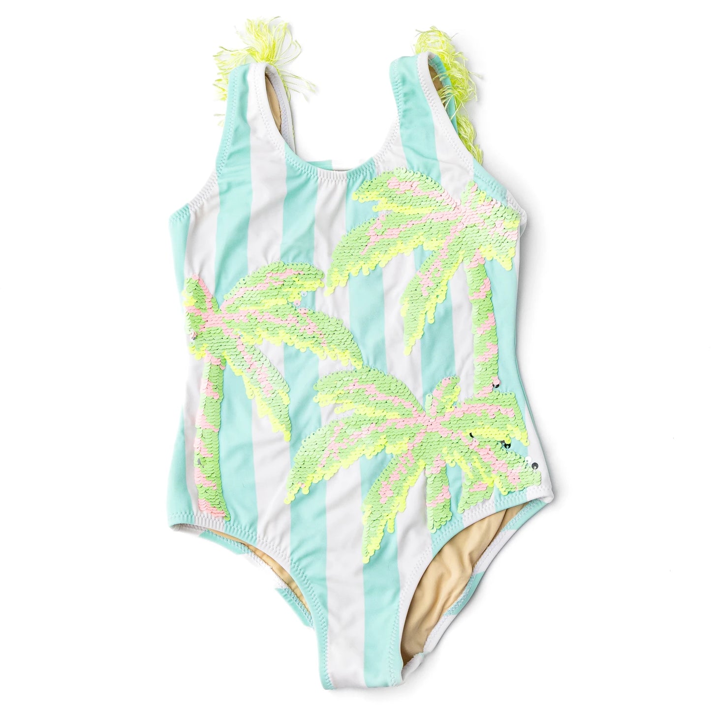 Palm Stripe Girls Sequin Fringe Back One Piece Swimsuit